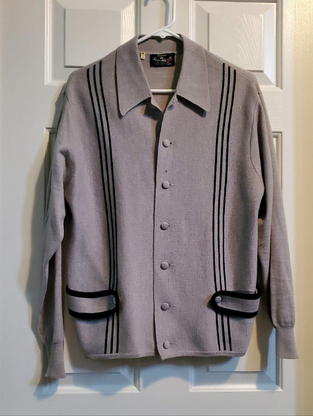 Vintage Classic Men's M Button-Front Knit Jacket - Gray with Black Trim